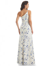 Elegant One Shoulder Mermaid Long Satin Floral Formal Dresses For Women