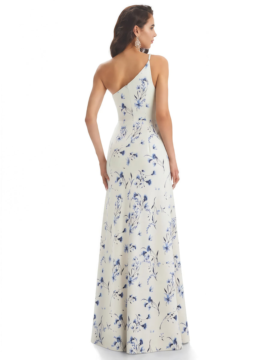 Elegant One Shoulder Mermaid Long Satin Floral Formal Dresses For Women
