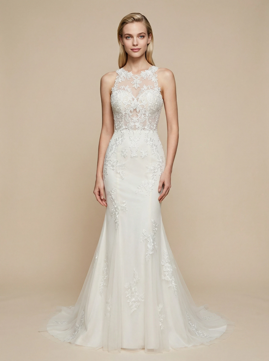 Modern Mermaid Open Back Halter Maxi Long Lace Wedding Dresses Online