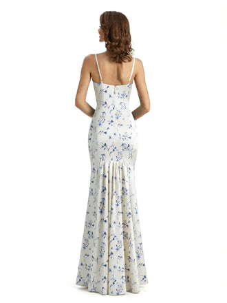 Simple Spaghetti Straps V-Neck Side Slit Mermaid Floral Satin Maxi Floral Formal Dresses For Women