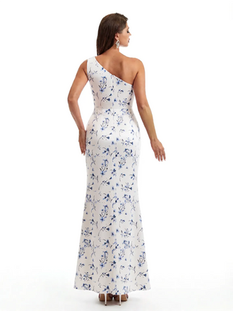 Simple One Shoulder Side Slit Mermaid Floral Satin Maxi Floral Formal Dresses For Women