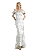Beautiful Mermaid Cold Shoulder Floral Satin Maxi Floral Formal Dresses For Women