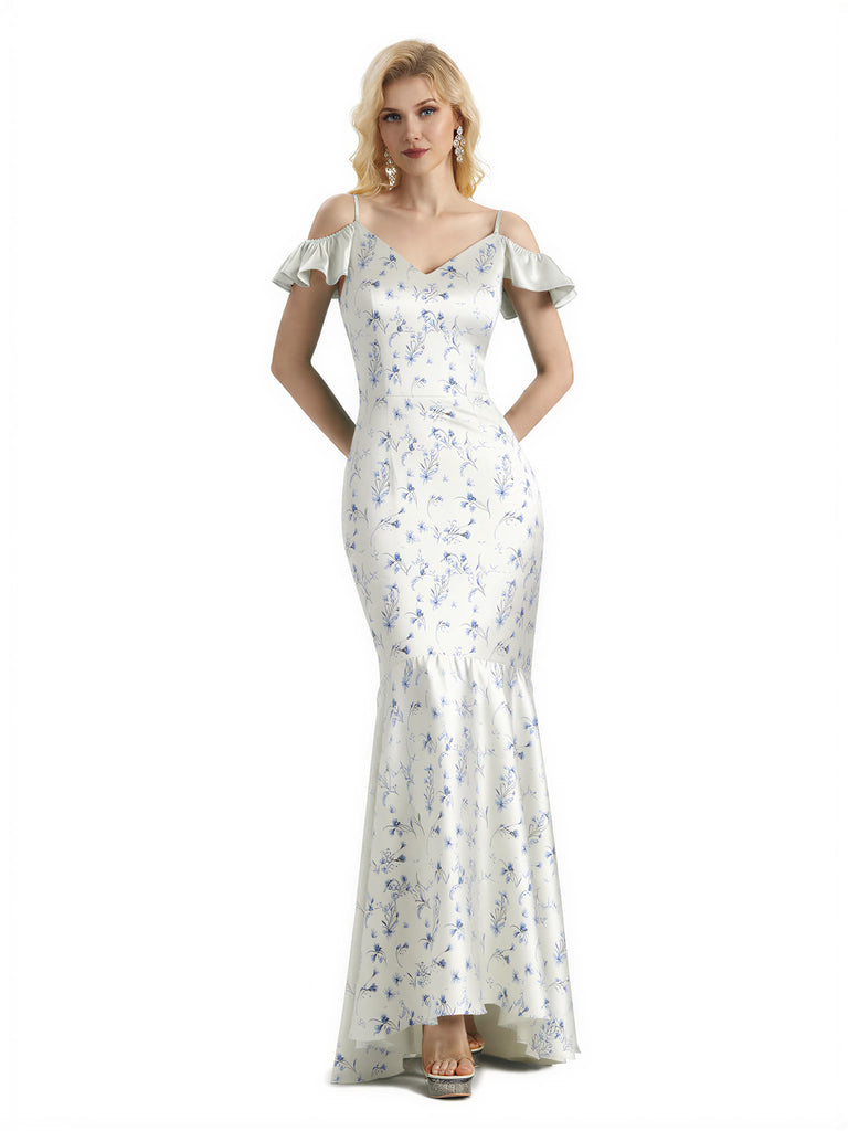 Beautiful Mermaid Cold Shoulder Floral Satin Maxi Floral Formal Dresses For Women