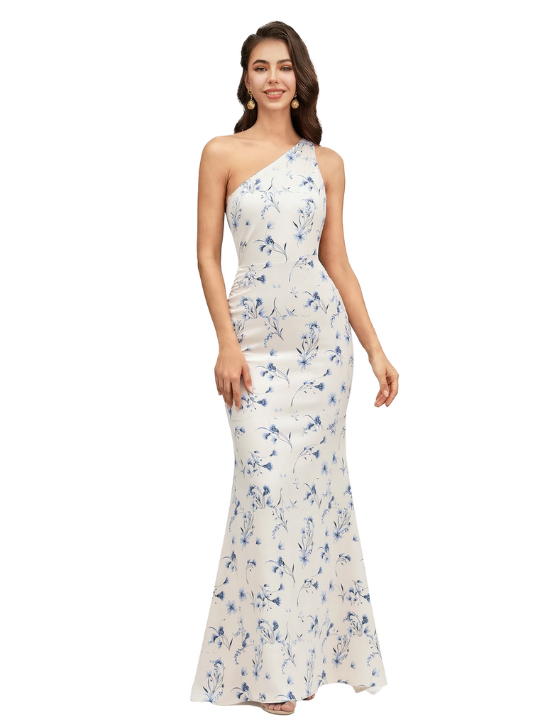 Elegant One Shoulder Mermaid Floral Satin Maxi Floral Formal Dresses For Women