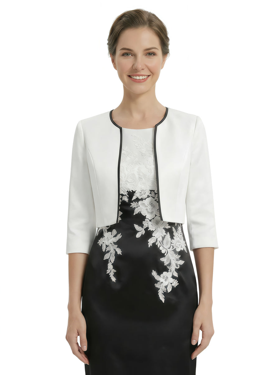 Elegant Black And White Satin One Shoulder Sheath Midi Mother Of The Bride Dresses With Jacket