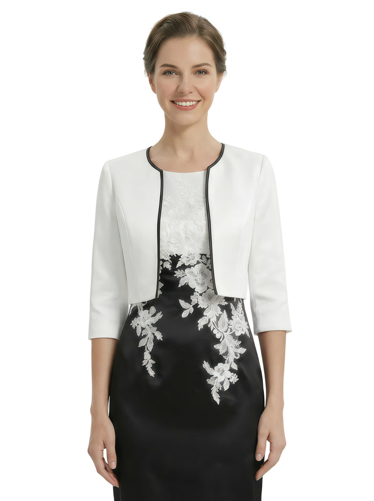 Elegant Black And White Satin One Shoulder Sheath Midi Mother Of The Bride Dresses With Jacket