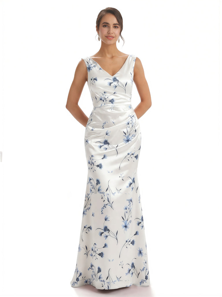 Trendy V-Neck Mermaid Floral Satin Maxi Floral Formal Evening Dresses For Women