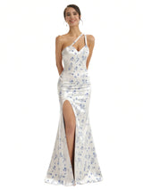 Elegant One Shoulder Side Slit Mermaid Floral Satin Maxi Floral Formal Dresses For Women