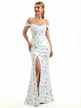 Beautiful Off Shoulder Side Slit Mermaid Floral Satin Maxi Floral Formal Dresses For Women