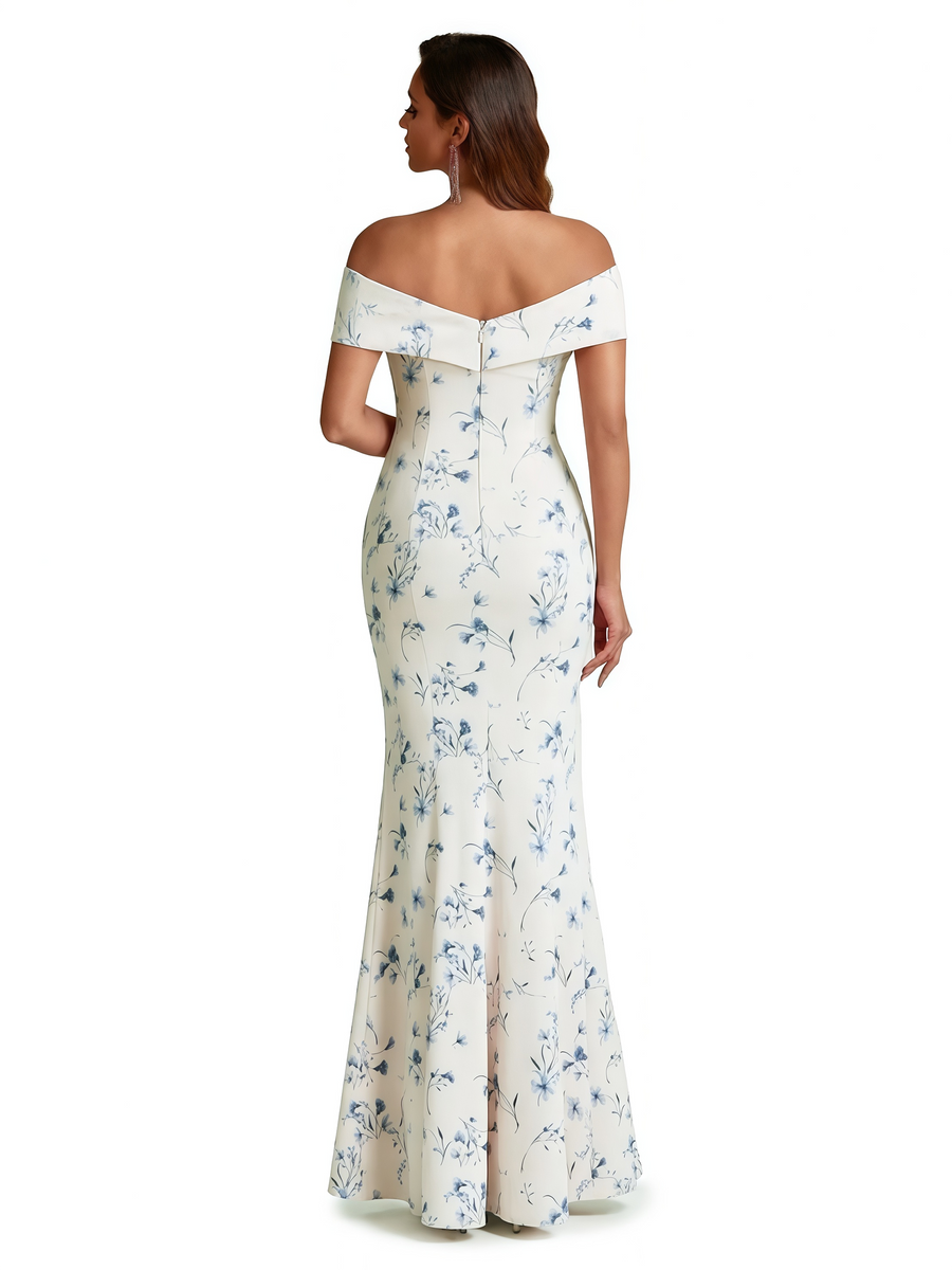 Sexy Off Shoulder Mermaid Long Satin Floral Formal Dresses For Women