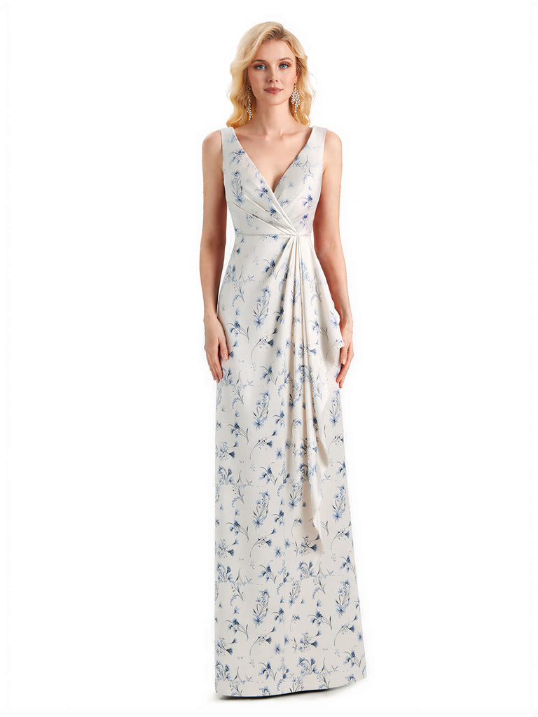 Beautiful Mermaid V-Neck Floral Satin Maxi Floral Formal Dresses For Women