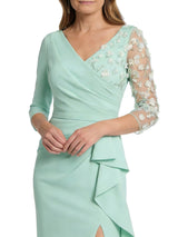 Chicsew V-Neck 3/4 Sleeve Ruffled Mermaid Floor Length Stretch Crepe Floral Embroidered Fancy Mother of the Bride Dresses