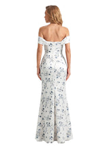 Trendy Off Shoulder Side Slit Mermaid Long Satin Floral Formal Evening Dresses For Ladies
