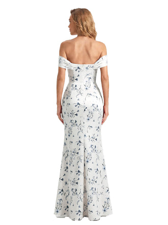 Trendy Off Shoulder Side Slit Mermaid Long Satin Floral Formal Evening Dresses For Ladies