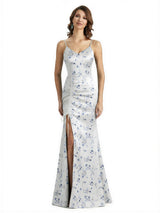 Simple Spaghetti Straps V-Neck Side Slit Mermaid Floral Satin Maxi Floral Formal Dresses For Women