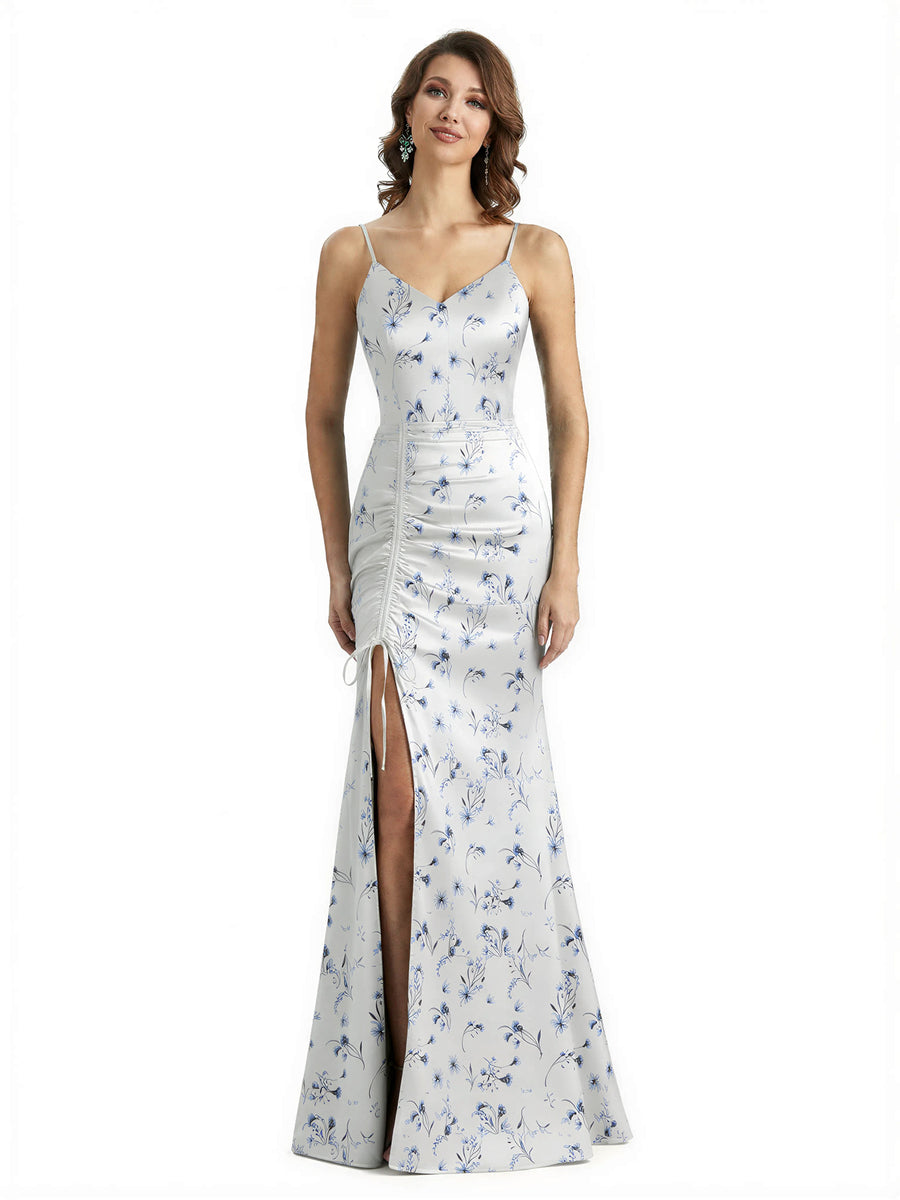 Simple Spaghetti Straps V-Neck Side Slit Mermaid Floral Satin Maxi Floral Formal Dresses For Women