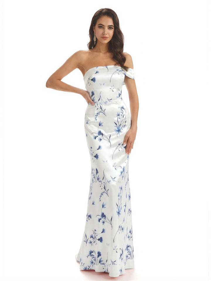 Sexy One Shoulder Sleeveless Mermaid Long Satin Floral Formal Dresses For Women