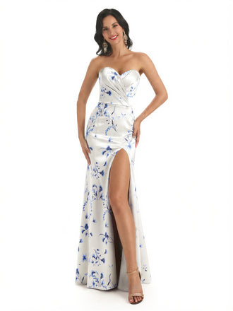 Sexy Sweetheart Side Slit Mermaid Long Satin Floral Formal Dresses For Women