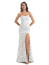Elegant Spaghetti Straps Side Slit Mermaid Floral Satin Maxi Floral Formal Dresses For Women