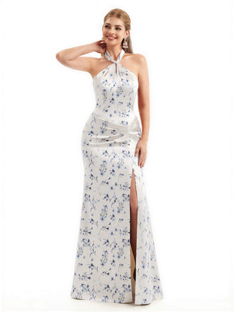 Beautiful Halter Side Slit Mermaid Floral Satin Maxi Floral Formal Dresses For Women