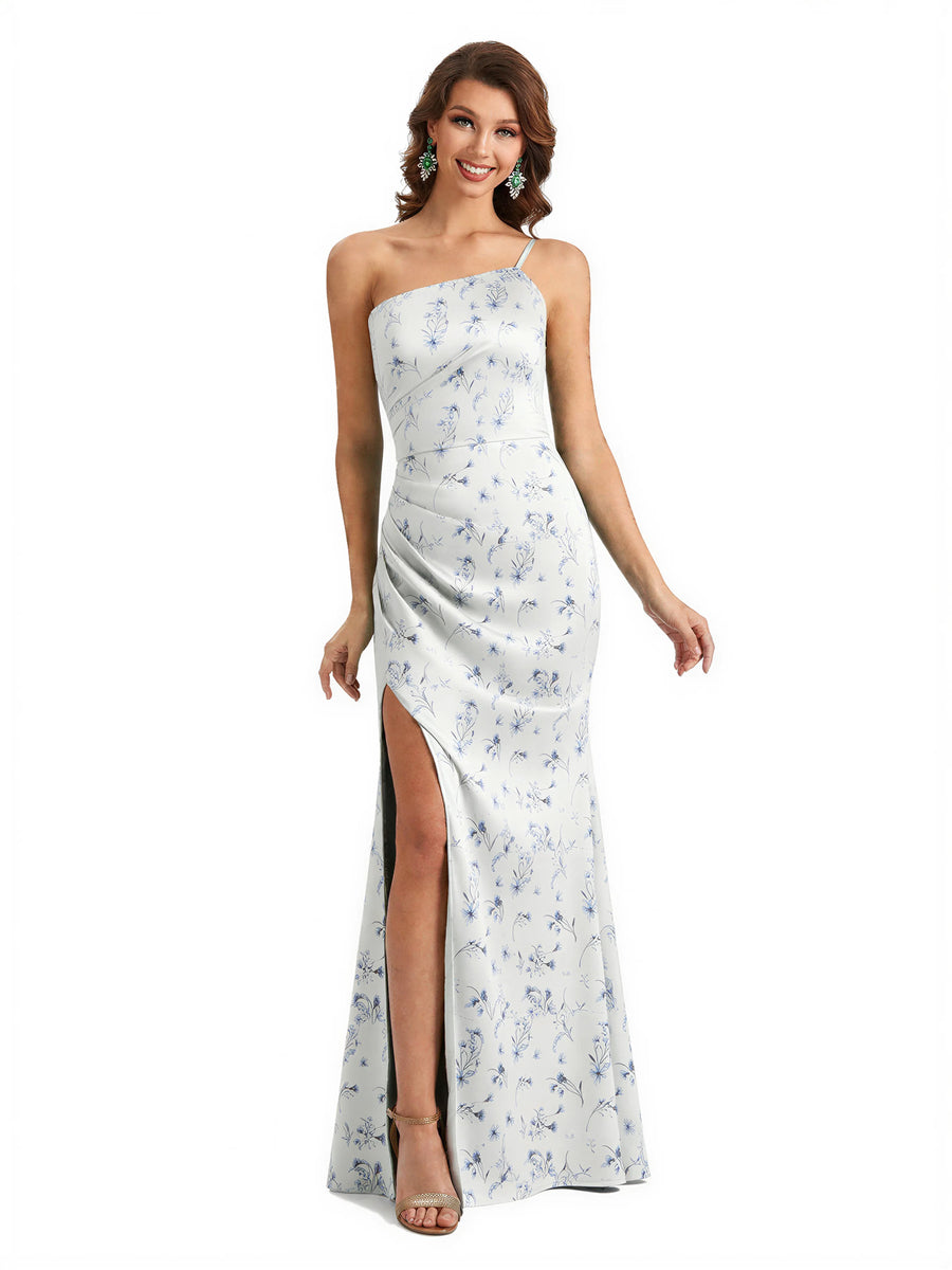 Simple One Shoulder Side Slit Sleeveless Mermaid Floral Satin Maxi Floral Formal Dresses For Women