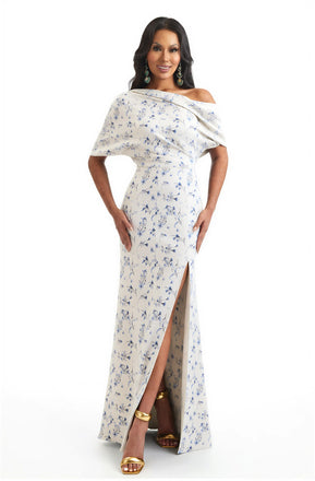 Elegant Half Sleeves Side Slit Mermaid Floral Satin Maxi Floral Formal Dresses For Women