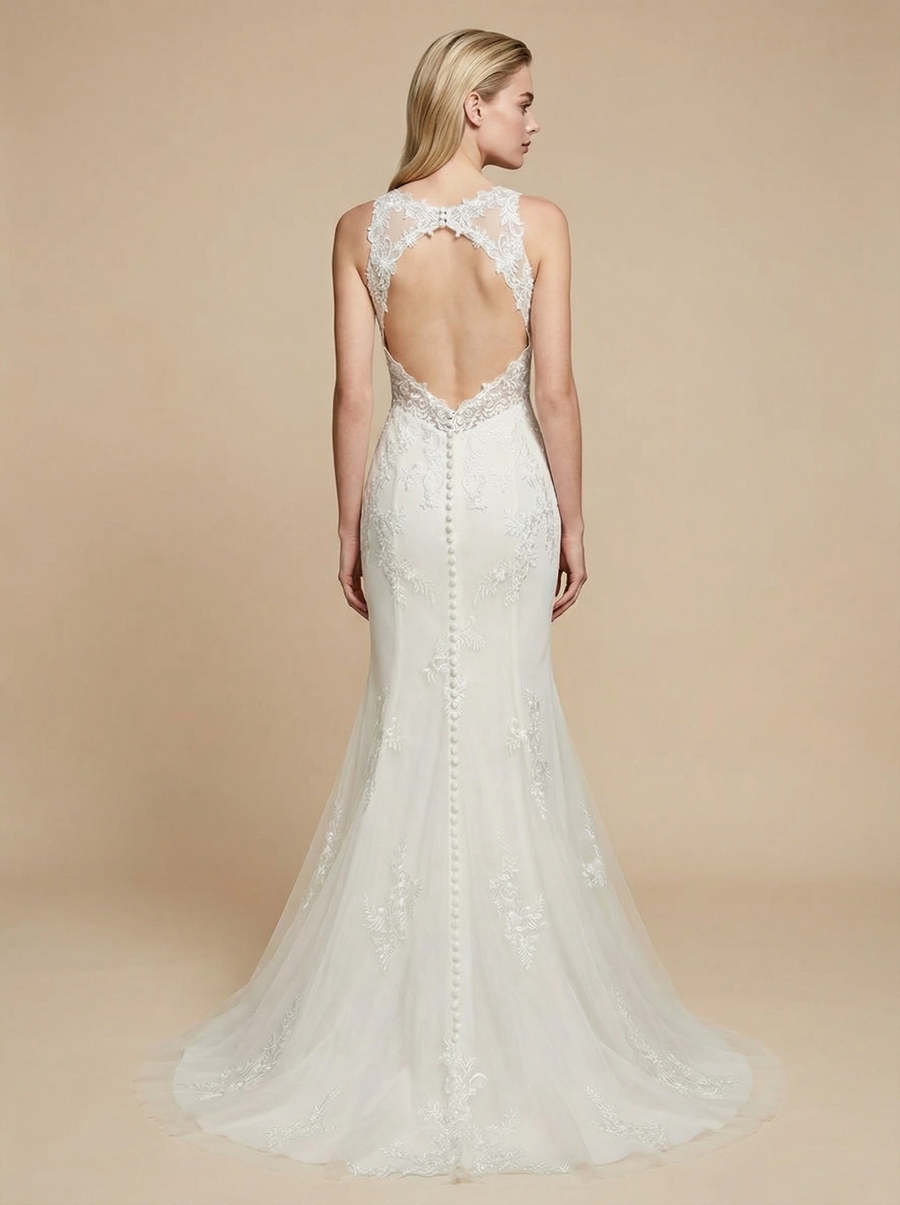 Modern Mermaid Open Back Halter Maxi Long Lace Wedding Dresses Online