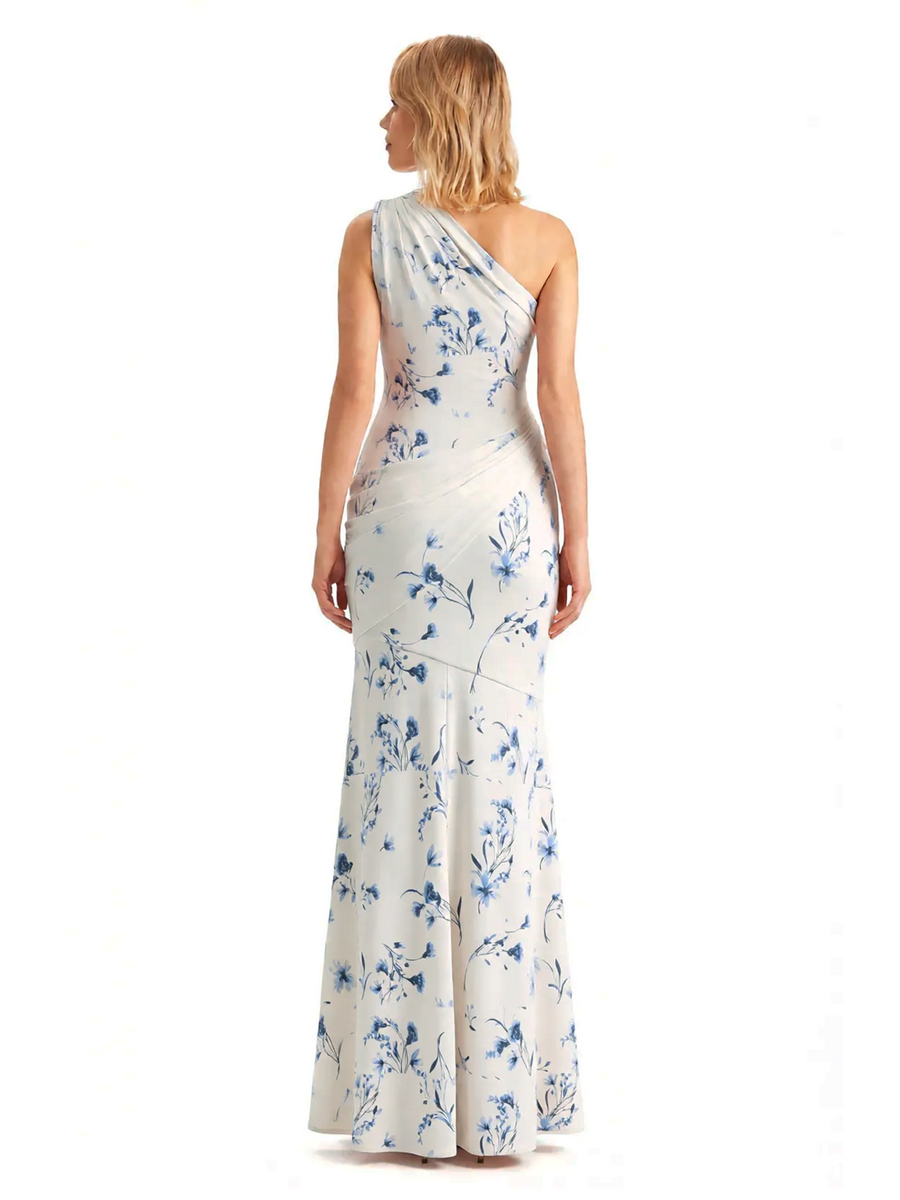 Sexy One Shoulder Side Slit Mermaid Long Satin Floral Formal Dresses For Women