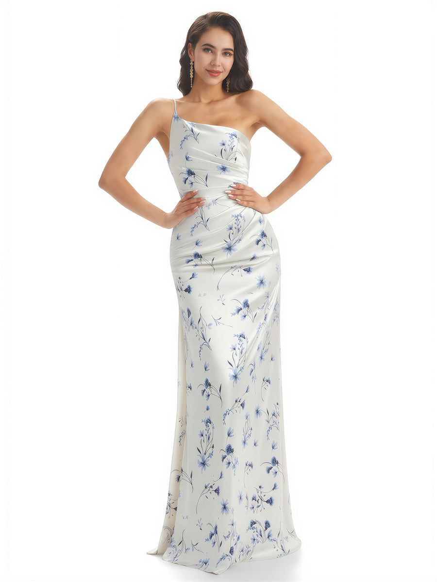 Elegant One Shoulder Mermaid Long Satin Floral Formal Dresses For Women