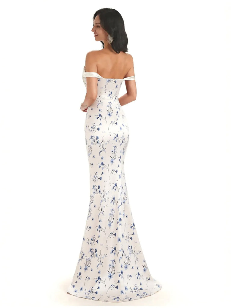 Trendy Off Shoulder Mermaid Floral Satin Maxi Floral Evening Formal Dresses