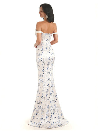 Trendy Off Shoulder Mermaid Floral Satin Maxi Floral Evening Formal Dresses