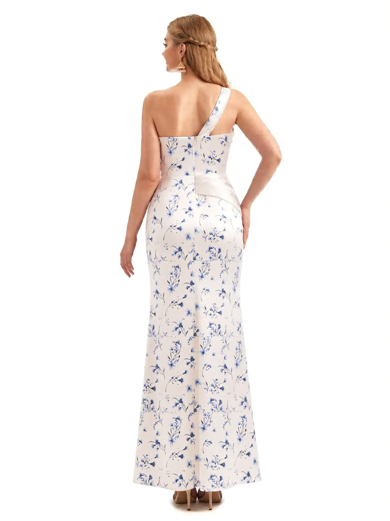 Beautiful One Shoulder Side Slit Mermaid Floral Satin Maxi Floral Formal Dresses For Women