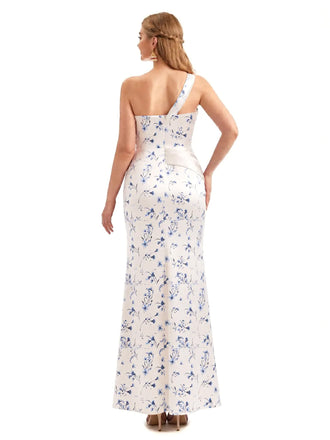 Beautiful One Shoulder Side Slit Mermaid Floral Satin Maxi Floral Formal Dresses For Women