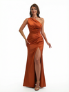 Modern Mermaid One Shoulder Open Back Ruched Satin Long Formal Evening Dresses With Slit