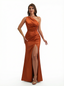 Modern Mermaid One Shoulder Open Back Ruched Satin Long Formal Evening Dresses With Slit