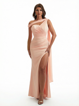 Trendy Asymmetrical Mermaid Soft Satin Long Elegant Evening Dresses Side Slit