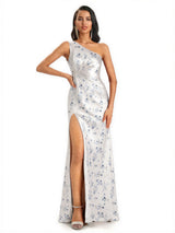 Elegant One Shoulder Mermaid Side Slit Floral Satin Maxi Floral Formal Dresses For Women