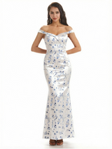 Simple Off Shoulder Mermaid Floral Satin Maxi Floral Formal Dresses For Women