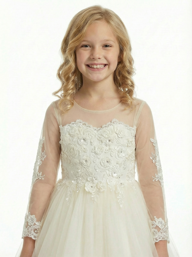 Sheer Long Sleeve Embroidered Lace Ball Gown Ankle Length Flower Girl Dress