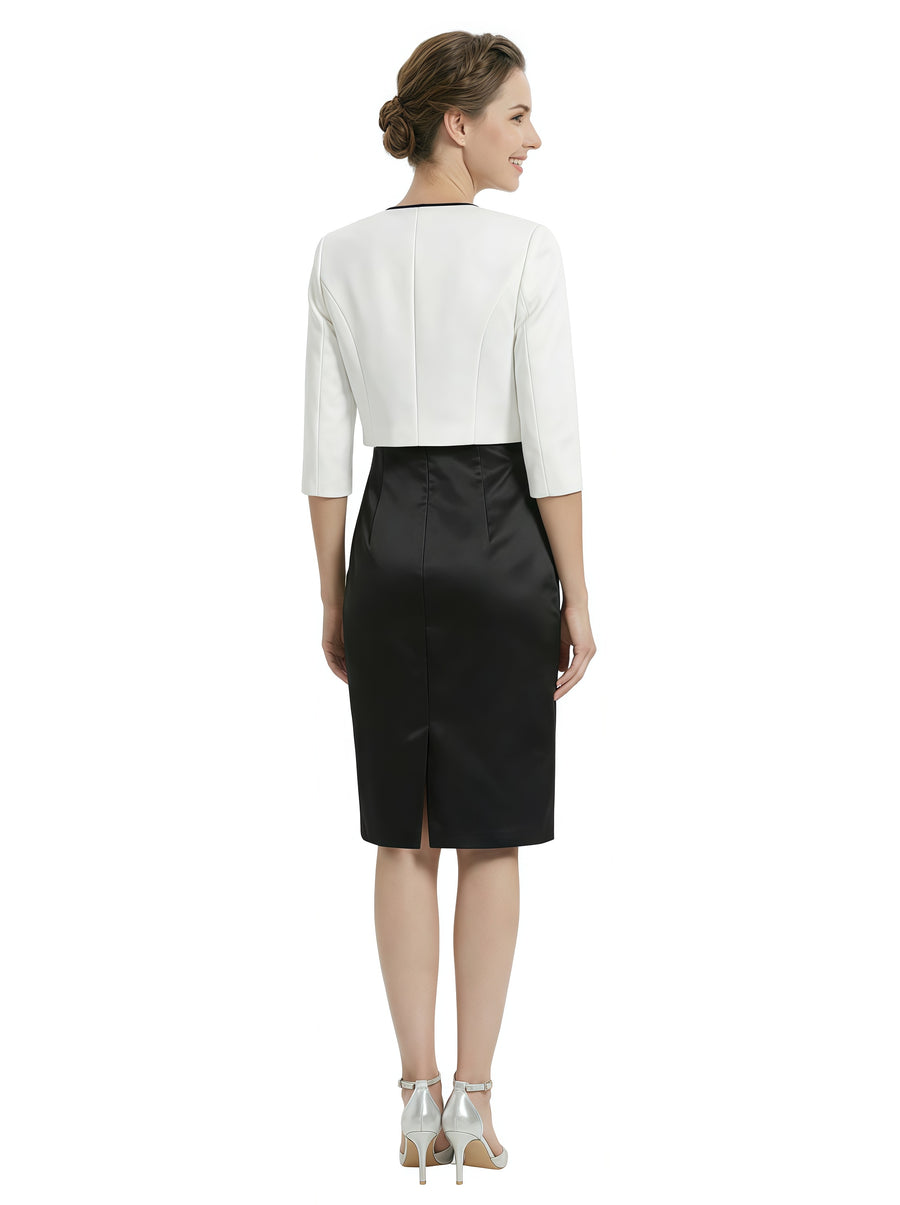 Elegant Black And White Satin One Shoulder Sheath Midi Mother Of The Bride Dresses With Jacket