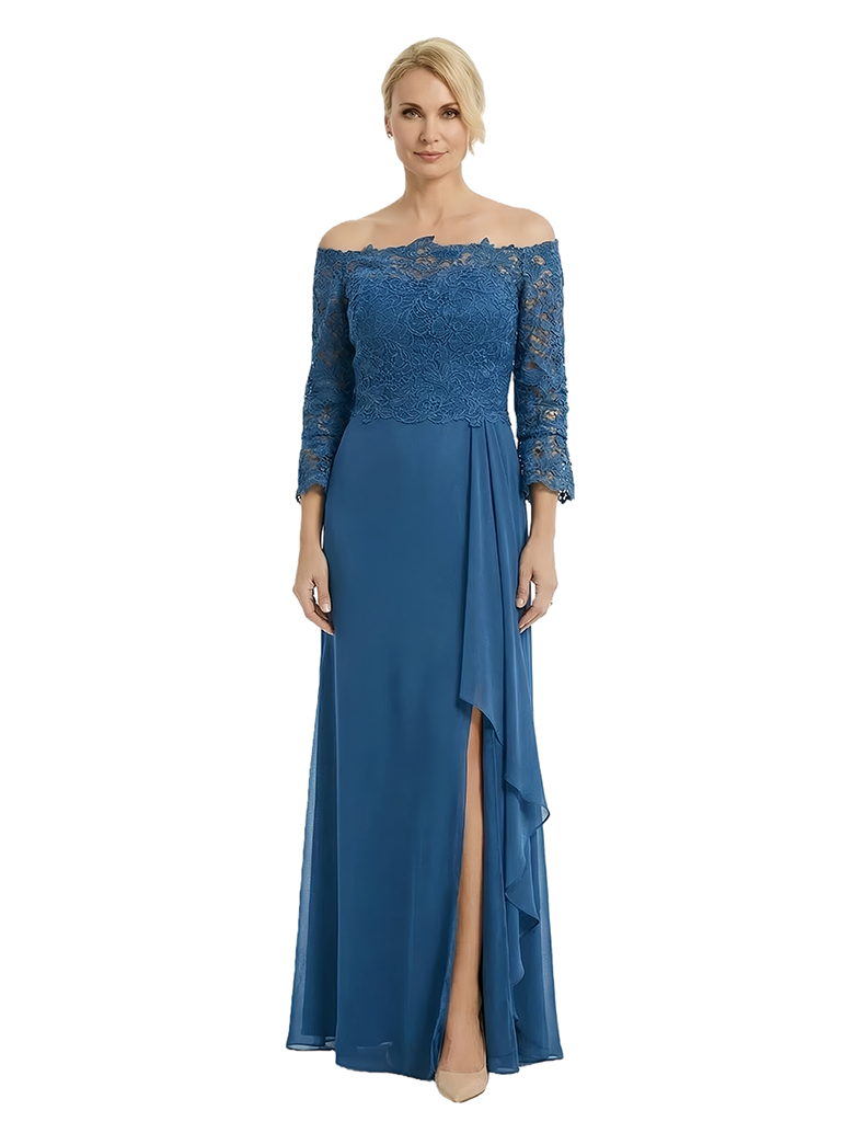 ChicSew Classy Lace Applique Long Sleeves Chiffon Ruffle A-Line Mother Of The Groom Gown With Side Slit