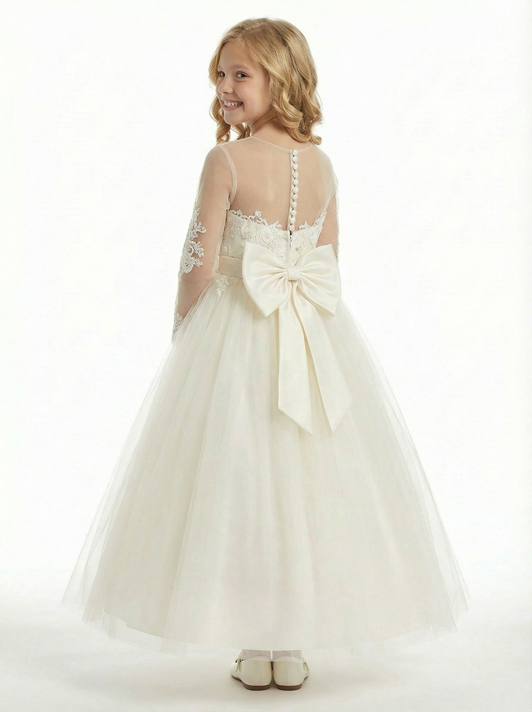 Sheer Long Sleeve Embroidered Lace Ball Gown Ankle Length Flower Girl Dress