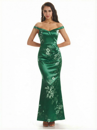Simple Off Shoulder Mermaid Floral Satin Maxi Floral Formal Dresses For Women