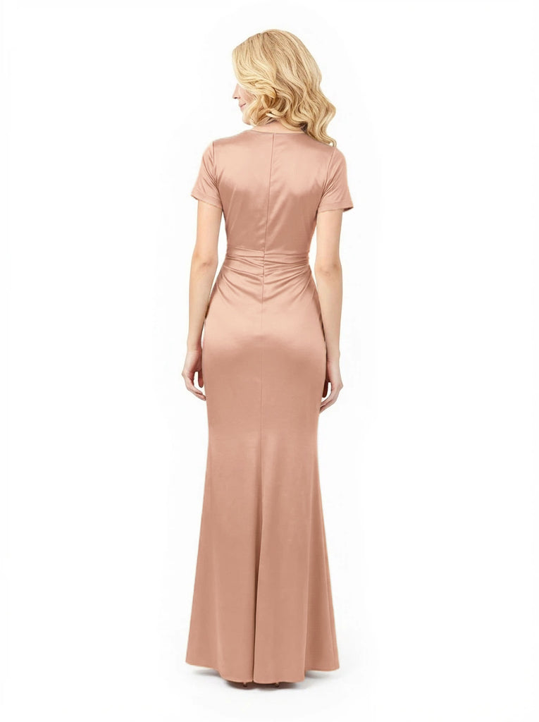 Elegant Crepe V-Neck Side Slit Short Sleeves Mermaid Long Mother of the Bride Dresses