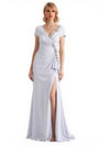 Elegant Short Sleeves Mermaid Crepe Long Mum Dress For Wedding Side Slit With Rhinestone