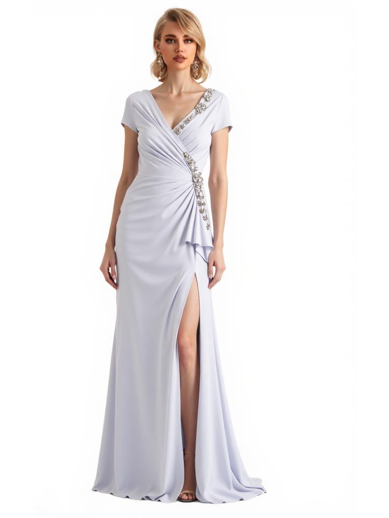 Elegant Short Sleeves Mermaid Crepe Long Mum Dress For Wedding Side Slit With Rhinestone