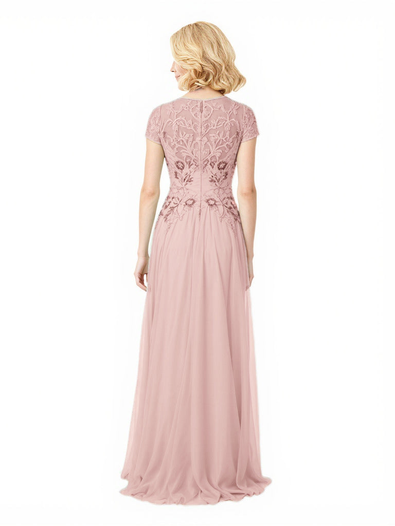 Elegant Chiffon A-Line Short Sleeves Lace Applique Long Mother of The Bride Dresses