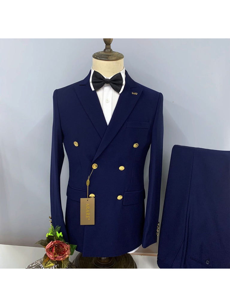 Dark Navy Casual Men's Suit Slim Fit Double Breasted 3 Piece Business Tuxedos CN536