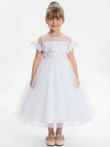 Off Shoulder Flower Girl Dress with Illusion Neck Tulle Skirt Beaded Waist Formal Gown