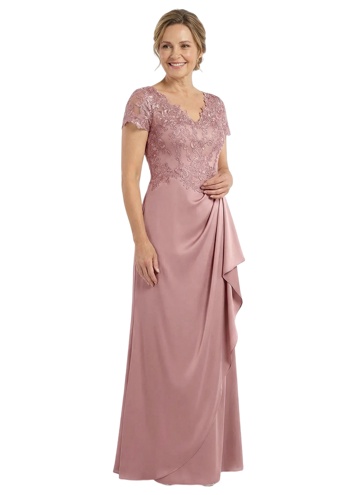 Chicsew V-Neck Short Sleeve Lace Satin Ruched Ruffle Detail Floor Length Elegant Mother of the Bride Dresses